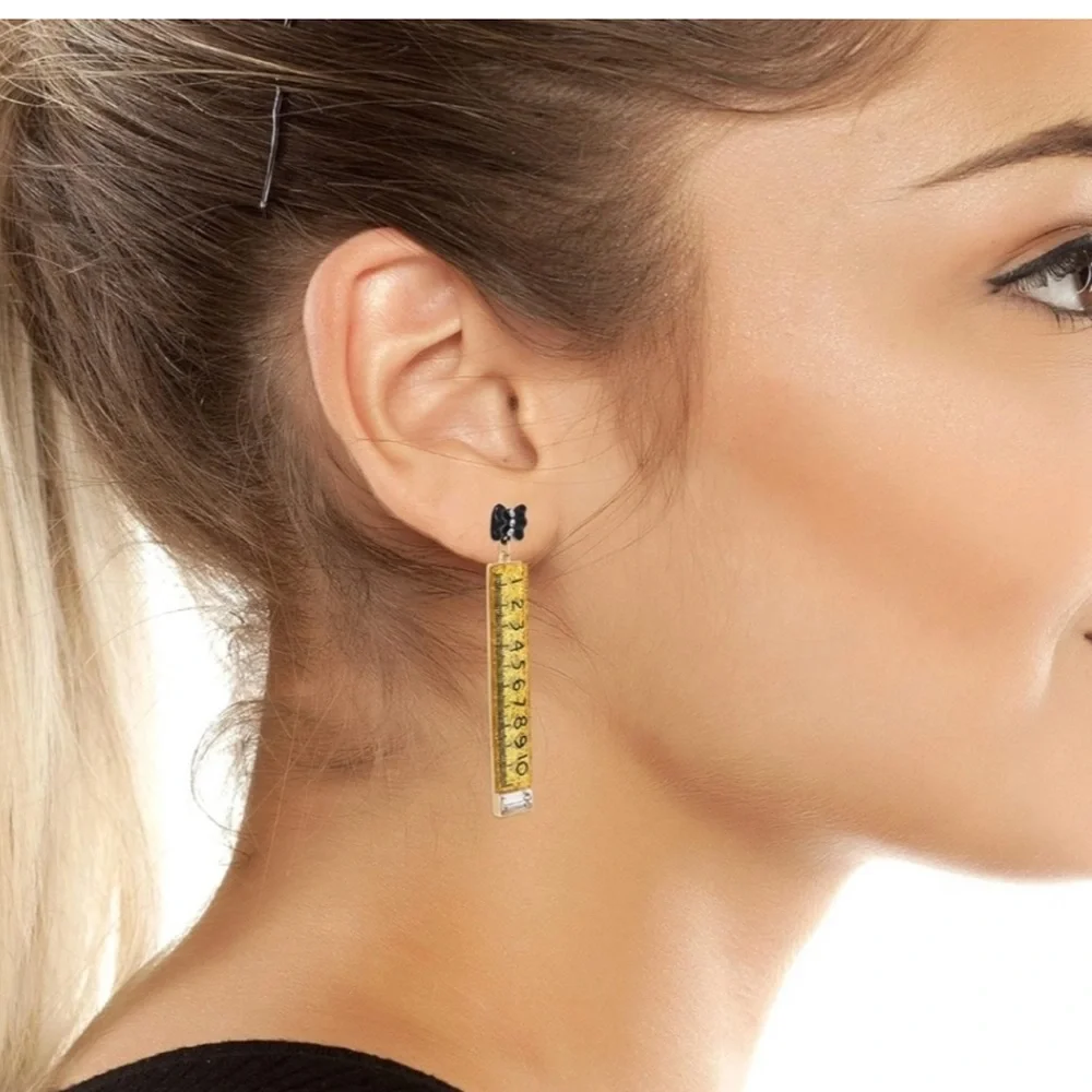 Betsey Johnson Gold Glitter Rulers with Black Bows Earrings